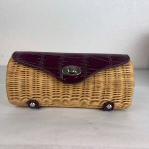 Vintage Wicker Barrel Clutch Purple Croc Embossed Leather Trim Turn Lock Bag